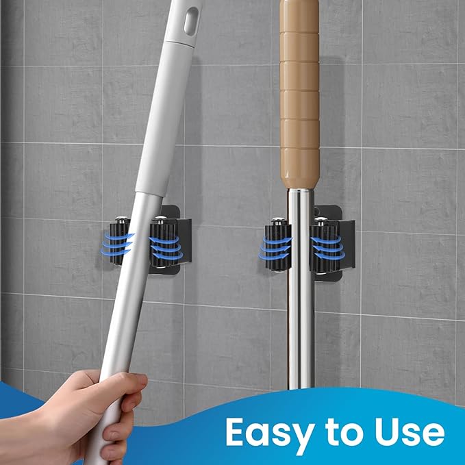 Broom Holder Wall Mount, 4PCS Broom Hanger Wall Mount, Stainless Steel Heavy Duty Mop Holder Broom Mop Hanger Wall with Screws, Garden Outdoor Tool Organizer Rack Broom Hanger (Black)