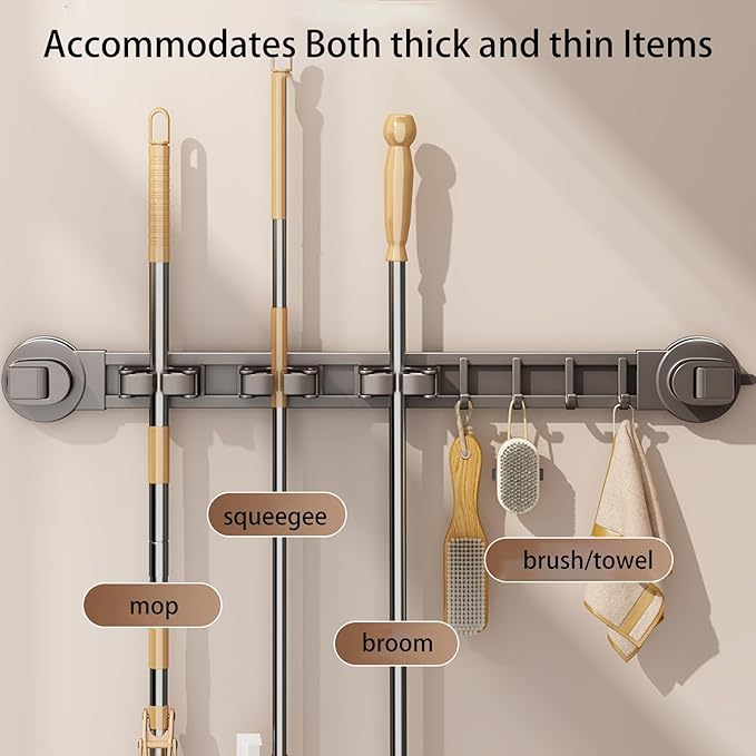 Wall-mounted Mop Holder for Bathrooms, Storage Rack Suitable for Bathrooms, Kitchens, Garages, Gardens, and Laundry Rooms (4 Clips & 5 Hooks/23.9in)