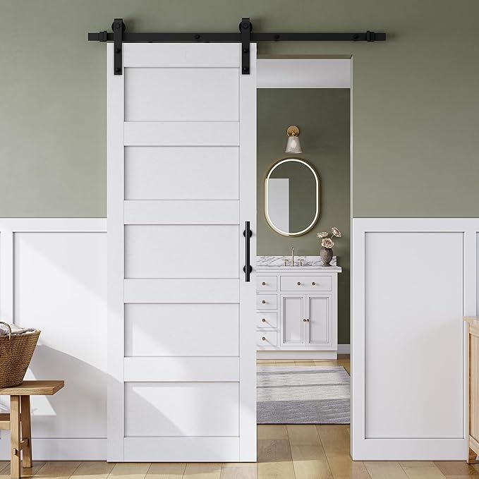 SmartStandard 28in x 84in Sliding Barn Door with 5FT Barn Door Hardware Track Kit & Handle, Waterproof PVC Surface, Pre-Drilled Holes Easy to Assemble, Solid, MDF, White, 5-Panel