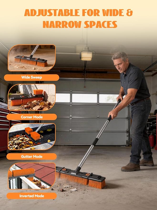 18.5"/47cm Adjustable Head Push Broom for Outdoor 57"/145cm Thickened Stainless Steel Handle Ergonomic Shop Broom Stiff Bristle Heavy Duty Industrial Concrete Garage Patio Garden Yard Deck Driveway