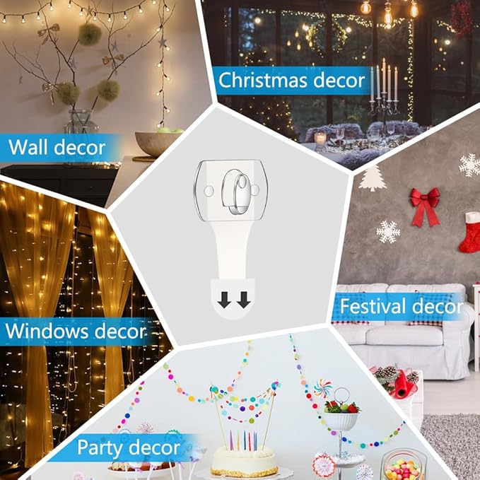 Ainiv 7-Packs Indoor Mini Light Clips, Damage Free Hanging Christmas String Light Hooks with Adhesive Strips, Clear Wall Clips for Hanging Lights Xmas Decor and Cables, 140 Clear Clips and 140 Strips