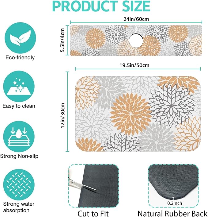 Dish Drying Mat for Kitchen Counter Matt, 2PCS 19"x12" Dish Drainer Mat & 24"x5.5" Sink Splash Guard, Super Absorbent Non-slip Rubber Backed