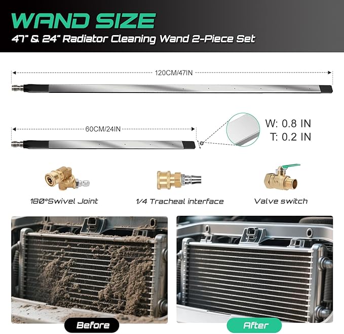 47" & 24" Radiator Cleaning Wand 2-Piece Set, 4500 PSI Stainless Steel Dual Water/Air Radiator Cleaner with Pressure Washer Gun Adapter & Tips for Cars, Trucks, Heavy Equipment, 47in-24in