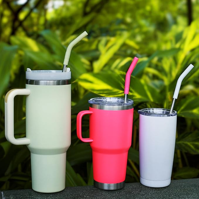 20 30 40 oz Stainless Metal Straws for Stanley Tumbler, 6Pcs Reusable Straight Long Steel Straws with 12 Silicone Tips and 2 Straw Cleaning Brushes (3Color2, 20 30 40oz)