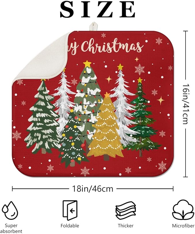 Christmas Kitchen Countertop Dish Drying Mat,Red Christmas Tree Snowflake Pattern Microfiber Kitchen Drying Mat, Washable Absorbent Countertop Xmas Winter Holiday Dish Mat Drainer,16x18In
