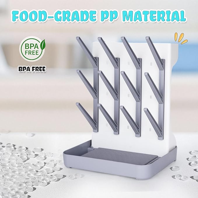Baby Bottle Drying Rack: Space Saving Vertical Bottle Drying Holder with Brushes Holder - Large Bottle Storage Holder Organizer 12 Bottles & Baby Accessories,BPA-Free, Gray