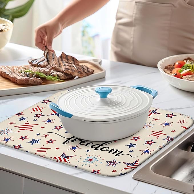 4th of July Dish Drying Mat for Kitchen Counter,Independence Day Stars Memorial Fallen Soldiers Microfiber Drying Mat, Washable Absorbent Patriot Kitchen Countertop Dish Mat Draining Mat 18×24Inch
