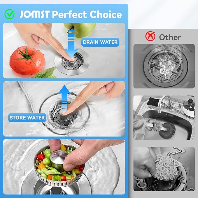 3-in-1 Stainless Steel Kitchen Sink Drain Strainer, JOMST Kitchen Gadget – Fast Drain, Water-Saving Stopper & Odor Blocker， Fits Standard 3.5″ Sink Drains