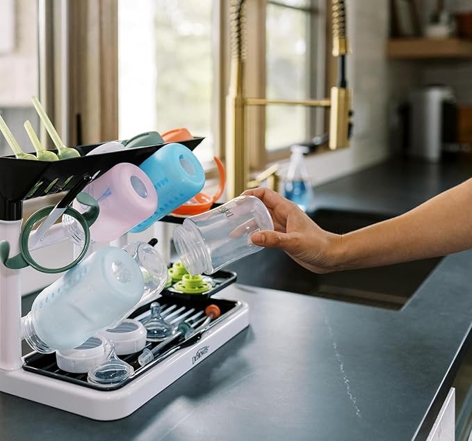 Dr. Brown's Baby Bottle Drying Tower, Stand-Up Drying Rack with Reusable Sponge Baby Bottle Cleaning Brush Set, 3-Pack, Grey