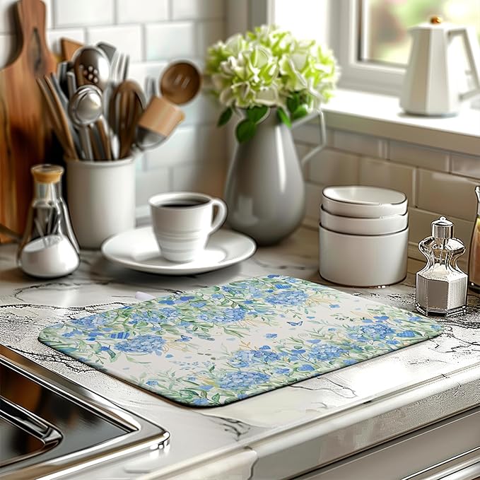 Blue Hydrangea Floral Dish Drying Mat for Kitchen Counter Spring Butterfly Flower Drainer Mat Absorbent Reversible Microfiber Heat Resistant Dry Pad Reusable Washable Dishes Pad 16x18 Inch