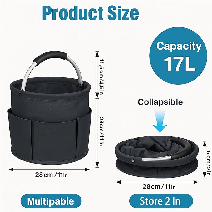 17L (5 Gal) Foldable Cleaning Caddy with Handle - Portable Supply & Tool Organizer | Organizador de Limpieza para Accesorios (Black)