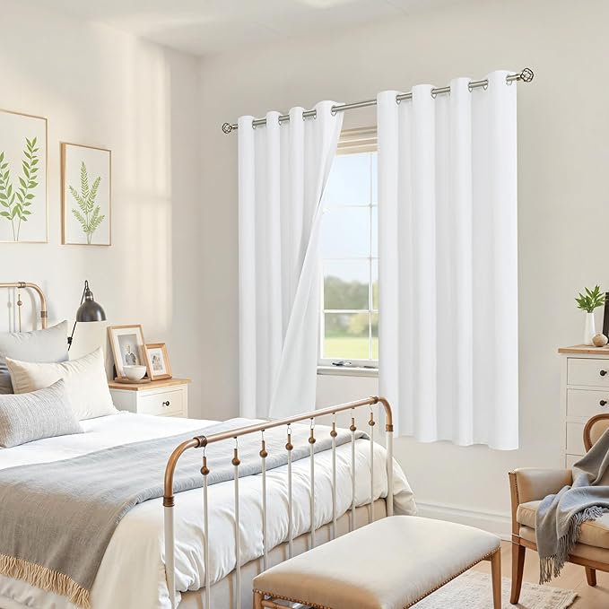 YoungsTex White Linen 100% Blackout Curtains for Bedroom 68 Inch Length, Thermal Insulated Drapes with Grommet Heat Blocking Darkening for Living Room, 2 Panels, 52 X 68 Inch