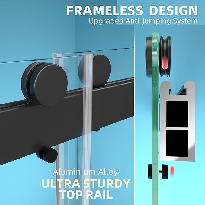 GETPRO Shower Door Frameless 57-60" W x 79" H Double Sliding Bathroom Shower Doors 3/8 Inch Clear Tempered Glass Door for Walk-in Shower with Soft Close and Width Adjustable Matte Black