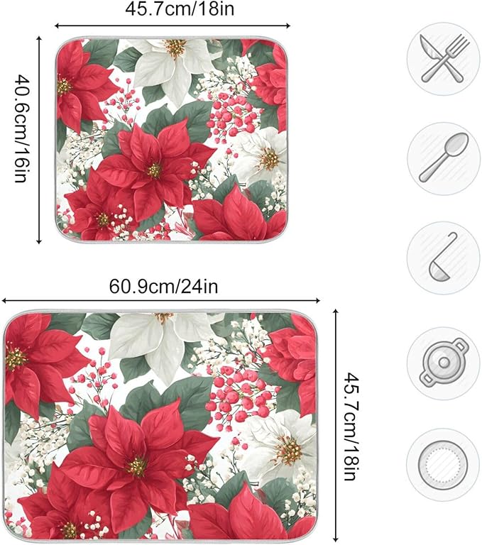 Red Poinsettias and Leaves Dish Drying Mat for Kitchen Counter Super Absorbent Drying Mat 16x18 inch Large Dish Drying Matts for Countertop Protector Dishes Pad