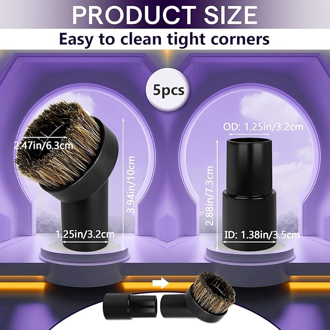 5PCS Horse Hair Brush Vacuum Attachment Set - Black Round Horse Hair Vacuum Attachments & Brushes - Shop Vac Brush Attachment for Most Vacuum Cleaners Accessories - 1 1/4" Vacuum Attachments Included