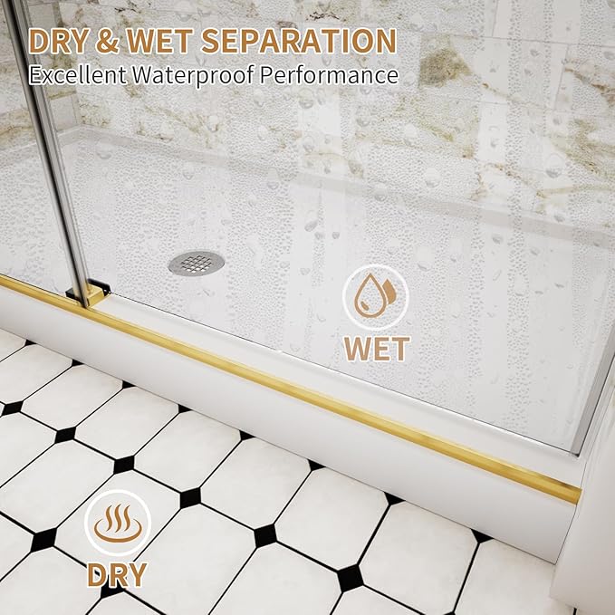 Frameless Shower Door,56-60" W x 74" H Double Sliding Glass Shower Door with 5/16" (8mm) SGCC Thick Tempered Clear Glass Shower Door,Soft Close System&Explosion-Proof Film Nano Coating,Brushed Gold