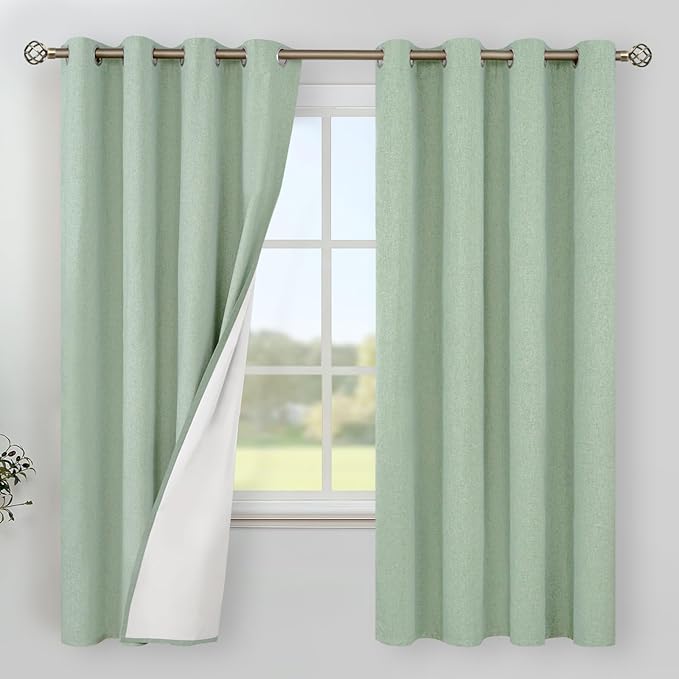 YoungsTex Light Green Linen 100% Blackout Curtains 68 Inch Length for Bedroom, Thermal Insulated Drapes with Grommet Energy Saving for Living Room Window, 2 Panels, 52 X 68 Inch