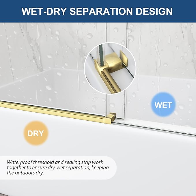 Frameless Tub Sliding Door,5/16" (8mm) Bathtub Shower Door with Soft-Close & Anti-Leak,Nano Coating Anti-Explosion Film SGCC Tempered Glass 55"-60" W x 60" H,Brushed Gold