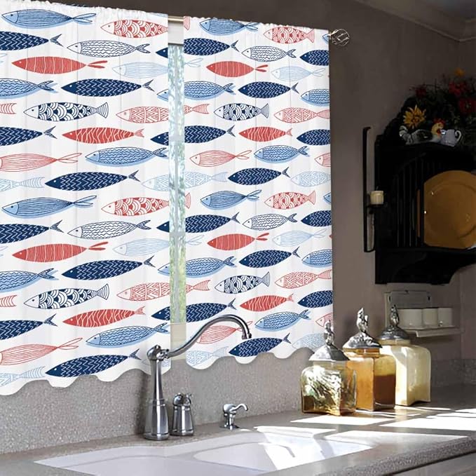 Fish Kitchen Curtains Abstract Colored Fashion Blue Red Pink Striped Wildlife Short Tier Curtains for Bathroom Cafe Small Window Drapes Treatment 2 Panels (27.5x39 Inch)