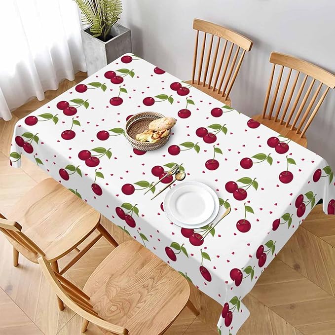 Red Cherry Table Cloth Rectangle Table Sweet Red Ripe Cherries Green Leaves 52x70 Tablecloths Decorative for Dining Kitchen Banquet Picnic Party