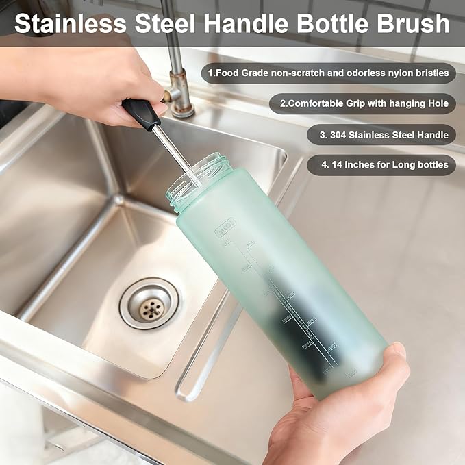 2 in 1 Long Handle Bottle with Straw Brush Cleaner Set, Stainless Steel Water Bottle Scrubbing Brush for Cleaning Water Bottles Sport Bottles Coffee Mugs Glasswares Cups