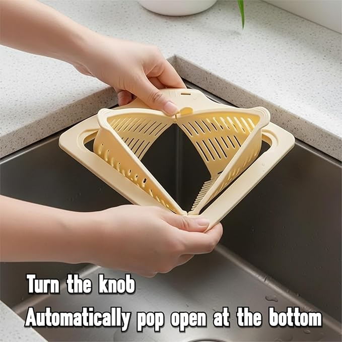 Magnetic Drainage & Filter Basket, Triangular Sink Strainer with Twist-Open Bottom, Kitchen Sink Corner Rack for Draining & Storage, Punch-Free Installation, No Tools Needed (Milky White)