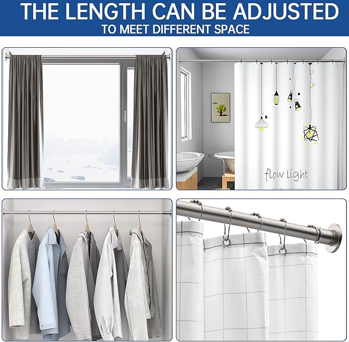 BRIOFOX Industrial Shower Curtain Rod - Spring Tension Shower Rod 43-72 Inch Tension Curtain Rod for Window or Bathroom, Satin Nickel