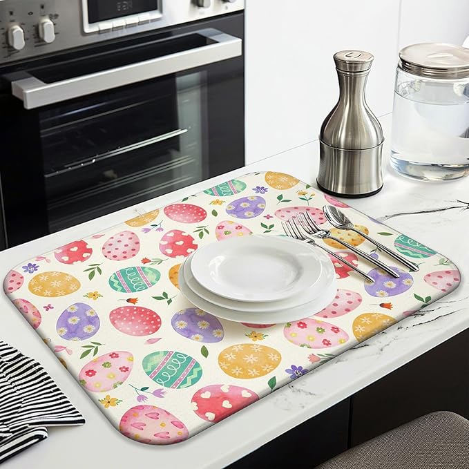 Easter Dish Drying Mat for Kitchen Counter,Happy Easter Cute Bunny Microfiber Drying Mat,Washable Absorbent Kitchen Countertop Dish Mat Drain Pad 18×24 Inch