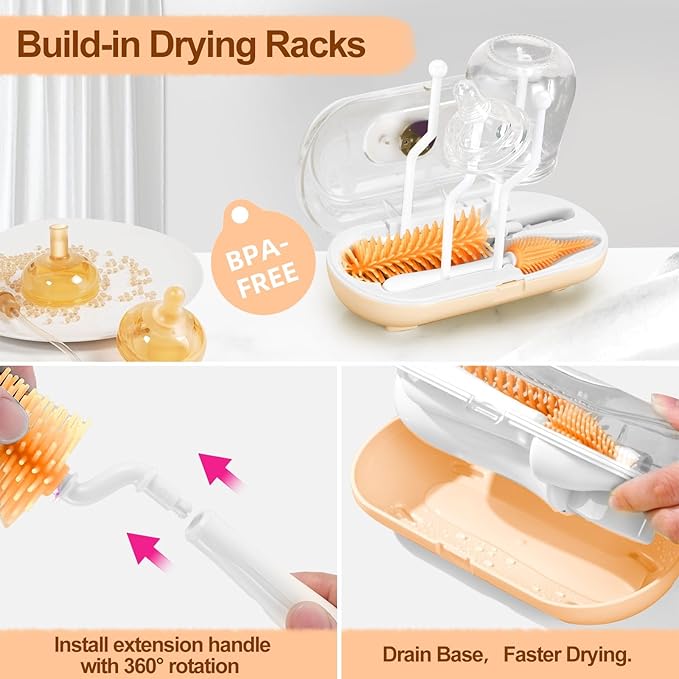 Bottle Brush Set,Travel Bottle Cleaner Kit with Baby Bottle Brush,UV Light,Straw Brush,Nipple Brush,Bottle Drying Rack for Home and Travel(Orange,Box-Shaped)