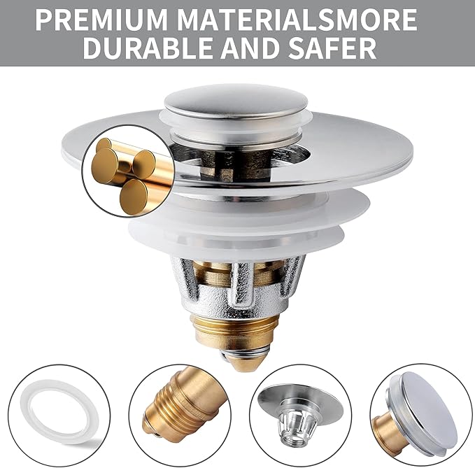 Fransiton Bathroom Sink Drain Stopper, 1.1-1.77 Inch Basin Pop Up Sink Drain Stopper, Anti Clogging Drain Plug with Detachable Hair Catcher, Chrome Plated