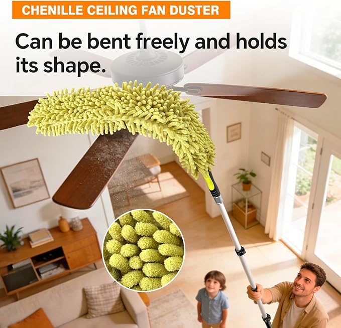 4-12Ft Telescoping Extension Pole Kit, 4-in-1 High Reach Duster with Chenille Microfiber Feather & Cobweb Duster Attachments for Ceiling Wall Hard-to-Reach Indoor & Outdoor Cleaning Yellow