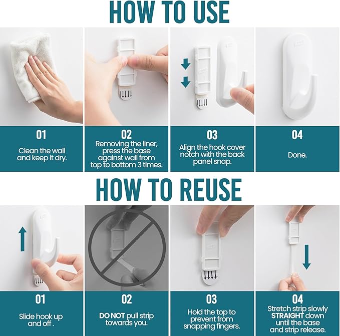 TAILI Hooks for Hanging,2 Plastic Large Sticky Hooks and 4 Adhesive Strips, White Utility Hooks for Painted Wall, No Damage Heavy Duty Hold up to 5 lb, Removable & Reusable for Door, Dorm, Clothes