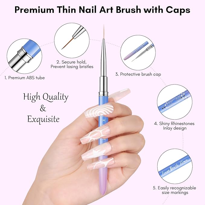 Makartt Nail Art Brushes Set: 5pcs Liner Brushes 7/9/11/15/25mm Thin Nail Art Design Brush with Cap Nail Polish Brush for Builder Gel 3D Nail Gel French Tip Tool Nail Painting