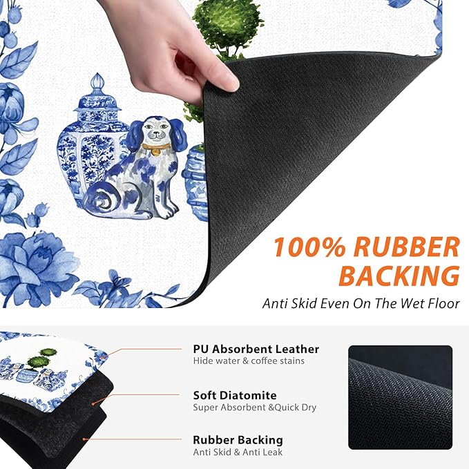 Chinoiserie Dish Drying Mat - Blue And White Porcelain Dish Drying Mat,Chinoiserie Dog Drying Mat For Kitchen Counter,Coffee Bar Mat,Vintage Chinoiserie Drying Mat,16x17.5 Inch