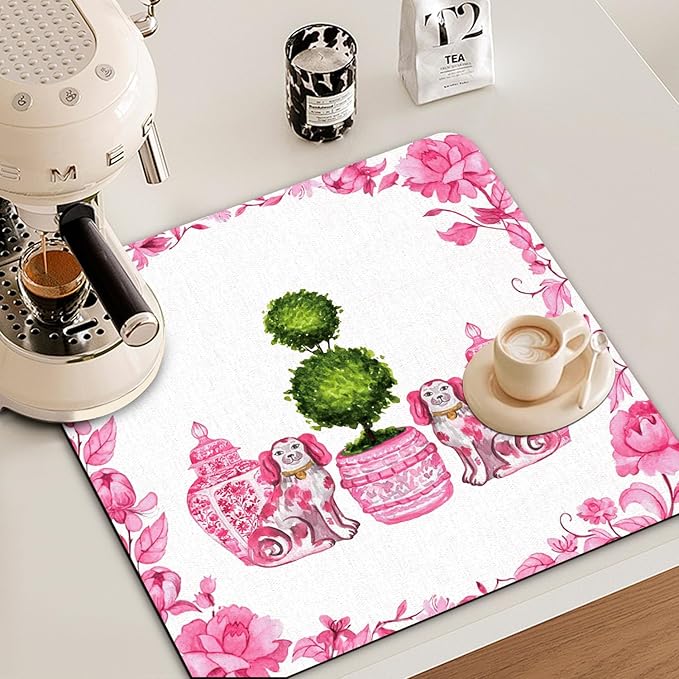 Pink Chinoiserie Dish Drying Mat - Pink Porcelain Dish Drying Mat,Chinoiserie Dog Drying Mat For Kitchen Counter,Coffee Bar Mat,Vintage Chinoiserie Drying Mat,16x17.5 Inch