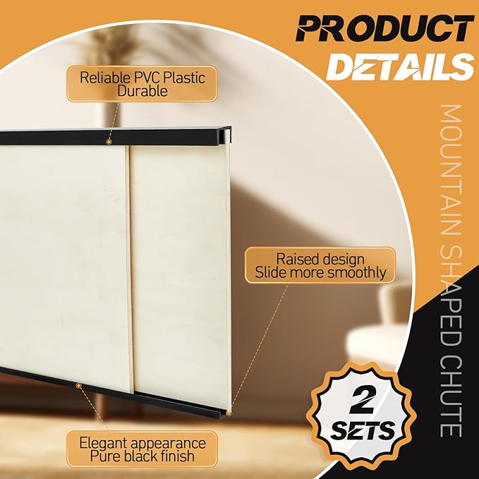 Landical 2 Sets Plastic Sliding Door Track Set for Cabinet Double Rails Panel Kit, 1/4" Thick Panels Glass Door Hardware System Window Track Quick Installation(3ft,Black)