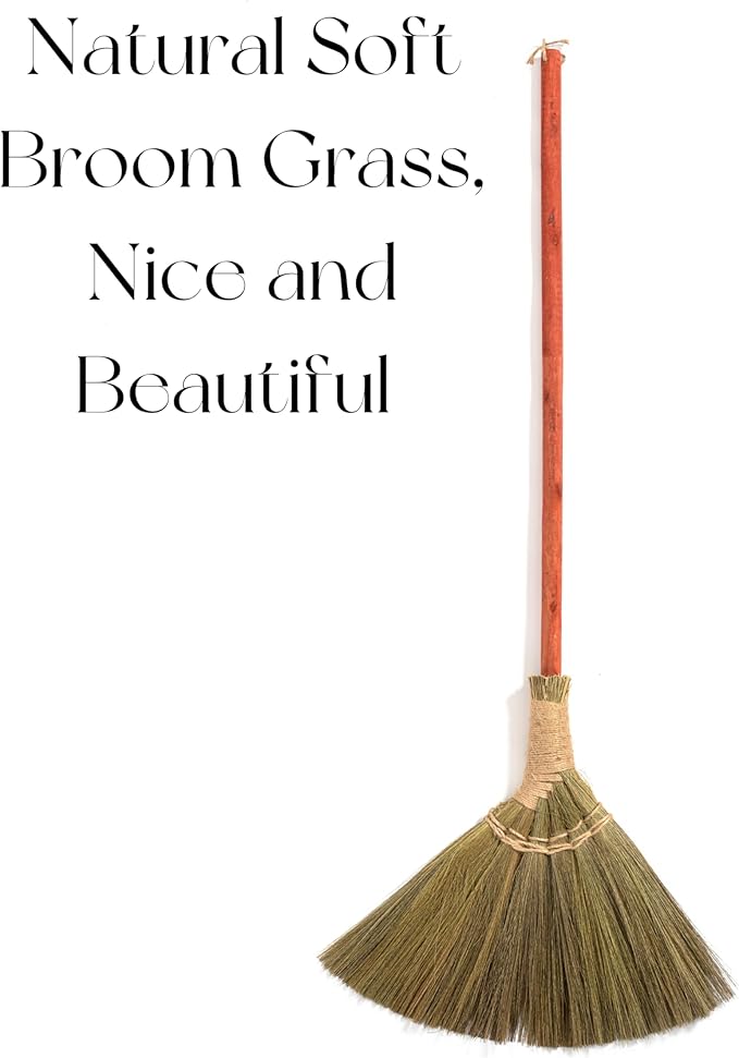 Vietnamese Natural Straw Broom – Handmade Soft Grass Broom for Indoor & Outdoor – Red Long Wooden Handle Broomstick for House, Kitchen, Garage – Wedding Jumping Broom with 46.46'' Length
