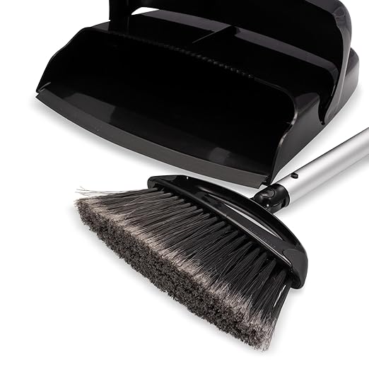 Carlisle FoodService Products Duo-Pan Upright Dust Pan and Broom Set with Adjustable Broom Head for Floor Cleaning, Restaurants, and Janitorial Use, 36 x 11.8 x 41 Inches, Black (Pack of 4)