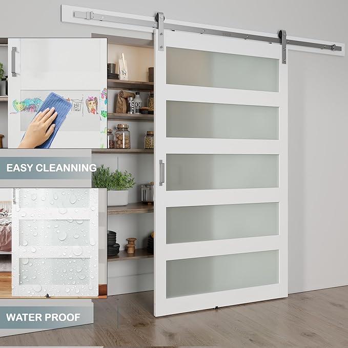 48'' x 84'' Glass Barn Door and 8 Ft Brushed Nickel Hardware Kit Included, MDF White Barn Door Slab with Frosted Glass, PVC Surface, Combined with Handle and Floor Guide-Assembly Required