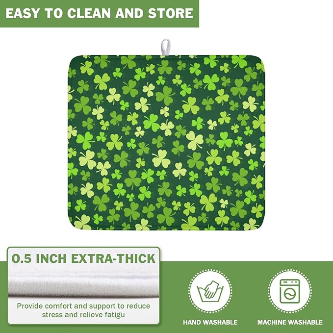 St. Patrick's Day Dish Drying Mat for Kitchen Counter,Irish Green Shamrocks Clover Leaves Drying Mat 16 x 18 Inch with Absorbent Reversible Microfiber Dish Drying Pad for Coffee Bar