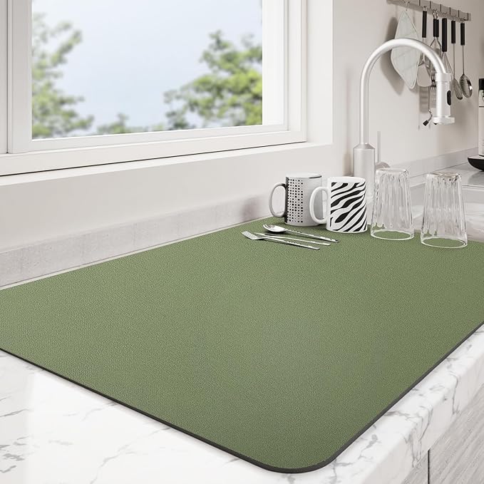 Dish Drying Mat for Kitchen Counter | Coffee Bar Mat for Countertops | Heat Resistant Drainer Mat with Non-slip Rubber Backed | Hide Stain Kitchen Absorbent Draining Mat | Green 18"x24"