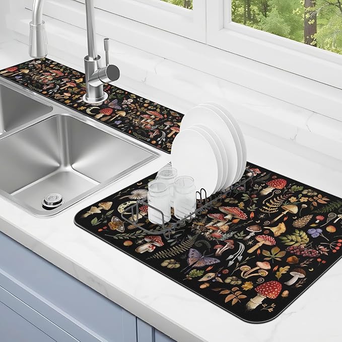 Dish Drying Mat for Kitchen Counter Matt, 2PCS 23"x15" Dish Drainer Mat & 24"x5.5" Sink Splash Guard, Super Absorbent Non-slip Rubber Backed