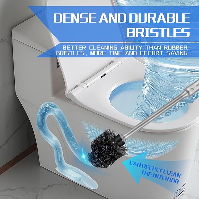 Toilet Brush and Holder 2 Pack with Long Handle - Non-Slip Grip Toilet Bowl Brush Set for Deep Cleaning Bathroom, Toilet Scrubber- Gray