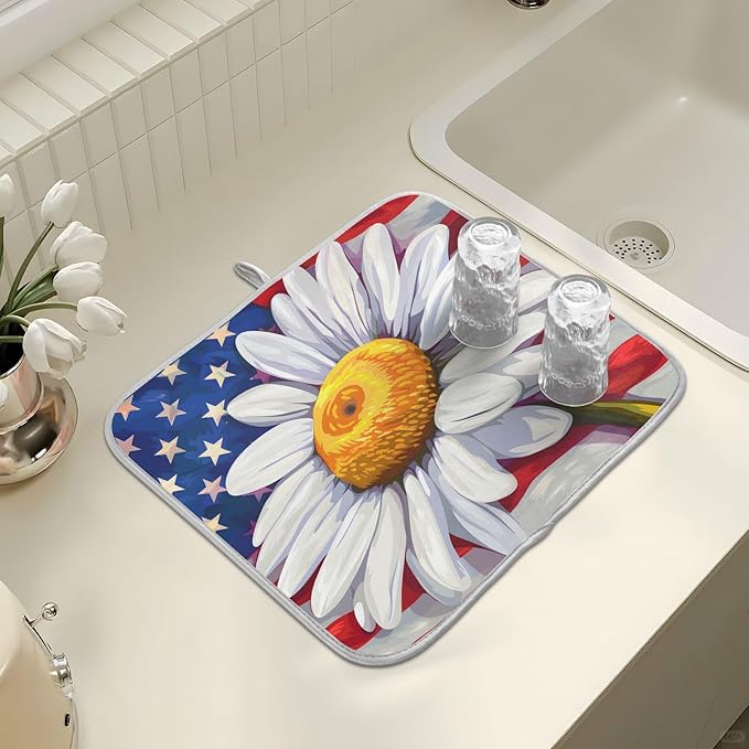 Daisy Flowers and American Flag Dish Drying Mat for Kitchen Ccounter Absorbent Microfiber Small Drying Pad Dish mats for Kitchen Countertops 16 x 18 Inch