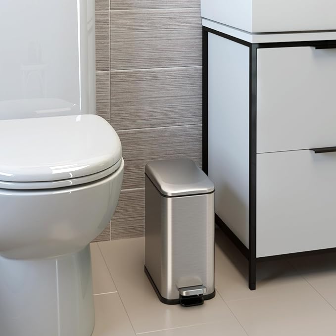 iTouchless 1.32 Gallon / 5 Liter Bathroom Trash Can with Lid, Slim Stainless Steel Step Garbage Can, Soft Close Small Wastebasket with Removable Inner Bucket for Kitchen, Powder Room, Dorm, Silver