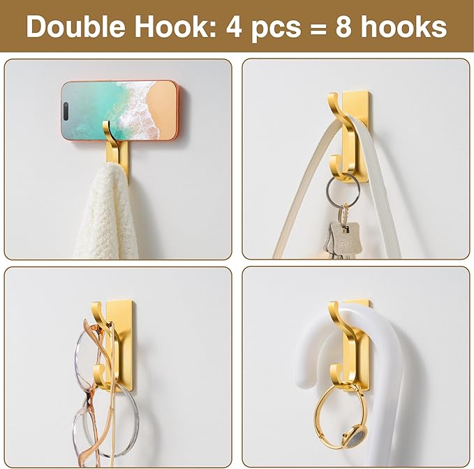 pickpiff Wall Hooks with Adhesive Strip- Easy to Remove, No Residue, Strong Heavy Duty Sticky Towel Hook, 4 Pack Brushed Gold