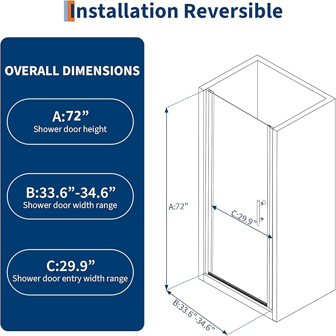 Frameless Hinged Shower Door, Adjustable 33.6"-34.6" W x 72" H Single Swing Pivot Door, 6mm (1/4") Tempered Glass with Coating, Matte Black Stainless Steel Handle, Reversible for Left/Right Installati