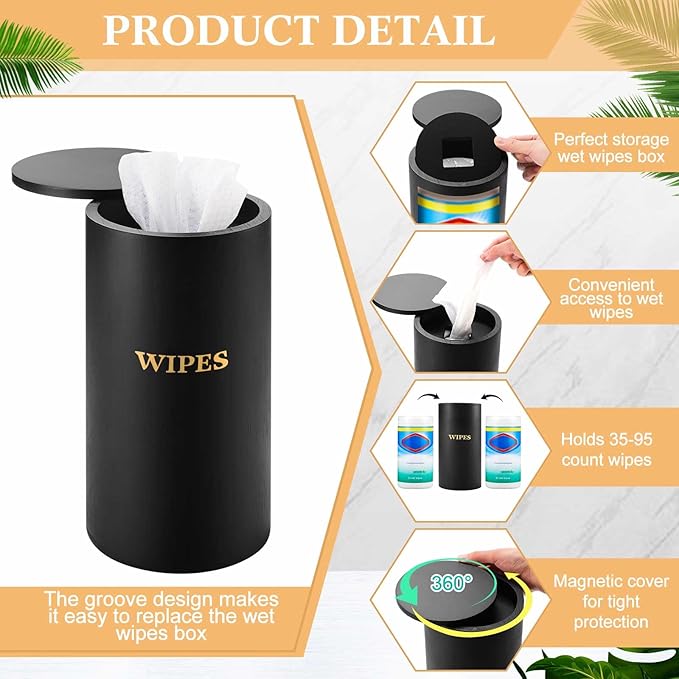 Refillable Wet Wipes Dispenser Disinfecting Wipe Container with Magnetic Lid Stylish Decorative Bamboo Holder for Bathroom Kitchen Countertop Home Office Storage Cleaning(Black)