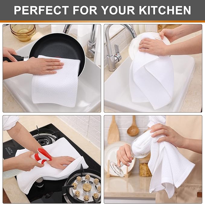 Kitinjoy 100% Cotton Waffle Weave Kitchen Hand Towels (13 X 28 Inches, White), 6-Pack Super Soft and Absorbent Dish Towel for Drying Dishes