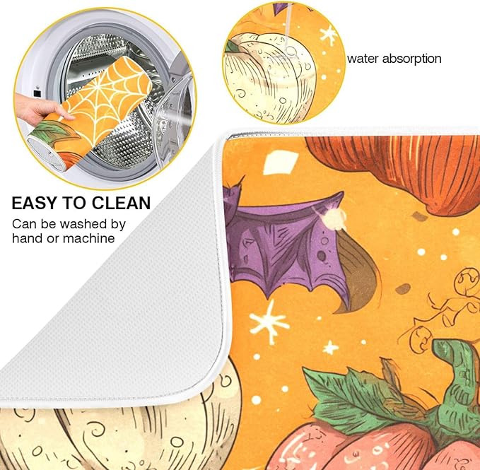 Halloween Colorful Pumpkin Pattern Dish Drying Mat for Kitchen Counter Super Absorbent Drying Mat 18x24 inch Large Dish Drying Matts for Countertop Protector Dishes Pad